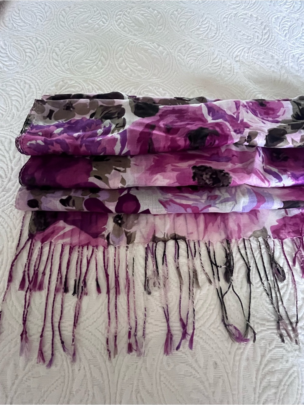 Talbots Scarf Wrap 19x72” Rectangle Silk Wool Cashmere Floral Pink Purple Vivid